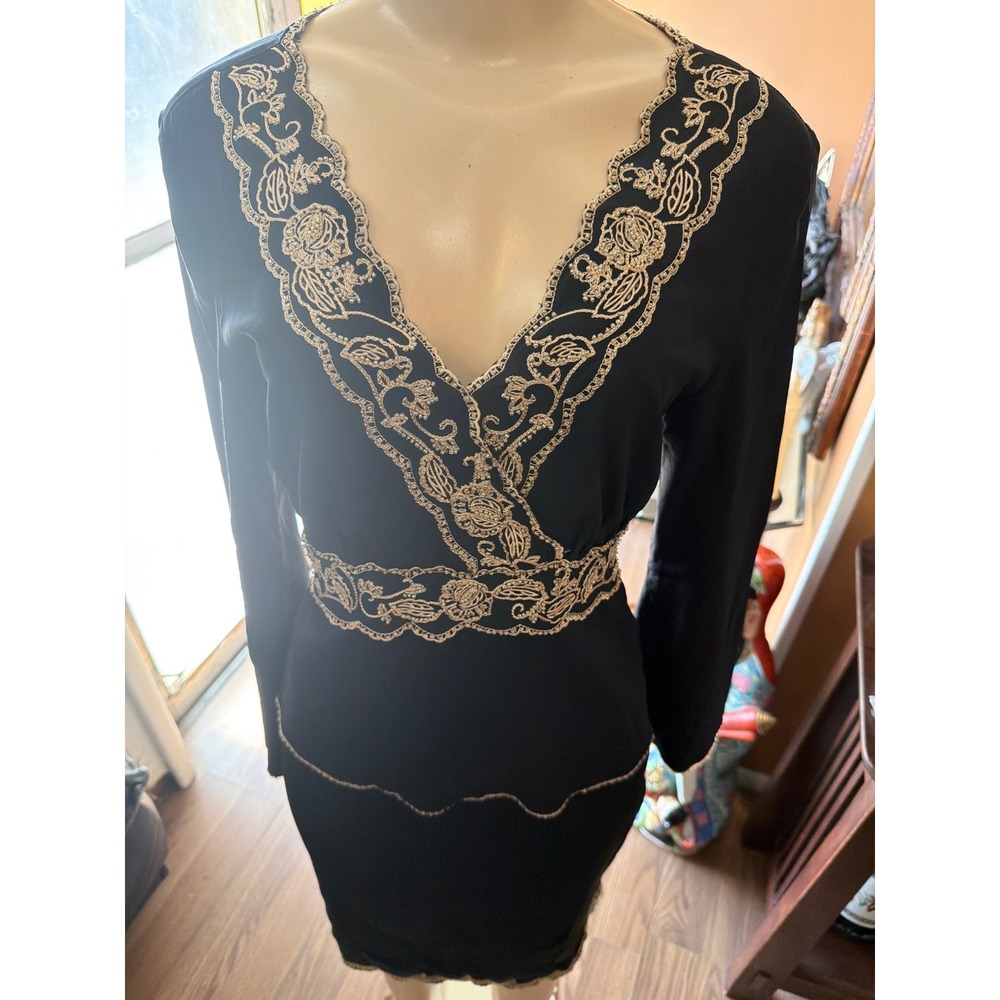Madrid Black Gold Floral Embroidered V-Neck Long Sleeve Midi Dress Size 4 NEW